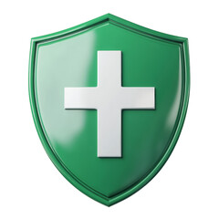 Obraz premium Green shield with transparent cross icon representing health and safety in modern design, green shield with transparent cross icon 3d isolated on transparent background