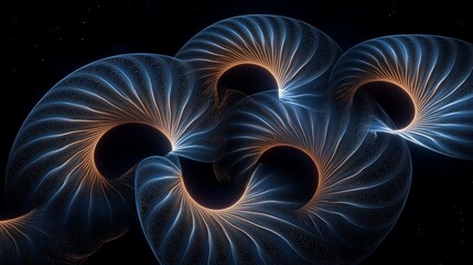 Abstract Spiral Geometry: An ethereal depiction of interconnected spiral forms, rendered in captivating shades of blue and orange, evokes a sense of dynamic movement and intricate design.