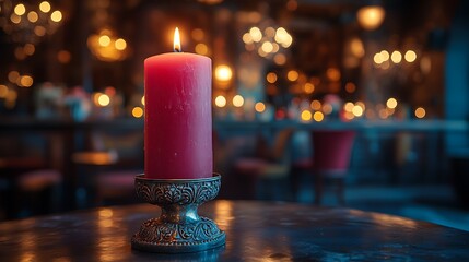 Photo of A lit red candle in an ornate silver holder on the table, against dark background with blurred lights