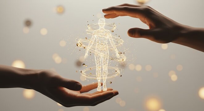 Hands Holding Luminous Geometric Humanoid Figure with Swirling Energy and Sparkling Nodes Against Soft Blurred Studio Background - Powered by Adobe
