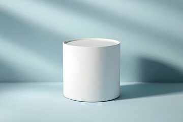3D render of a white cylindrical podium on a pastel blue background with a soft shadow and light, a minimal scene for a product display presentation design mockup. 