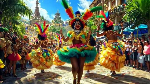 Vibrant carnival parade with colorful costumes and lively dancing on a sunny street