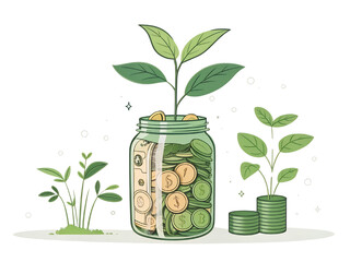 Illustration of Money Jar with Growing Plants Isolate on transparent background cutout, PNG file, Cutout file