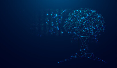 Abstract polygonal tree innovation with digital code. Glittering star dust lights. Polygonal futuristic style. Graphic concept for your design