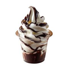 Soft serve vanilla ice cream with chocolate syrup in plastic cup, isolated on clear background --v 7.0