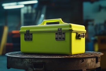 Bright yellow toolbox sits atop a metal surface.