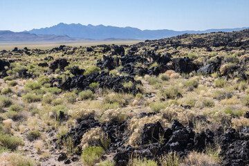 Expansive desert landscape showcasing volcanic rock formations and distant mountains in bright daylight
