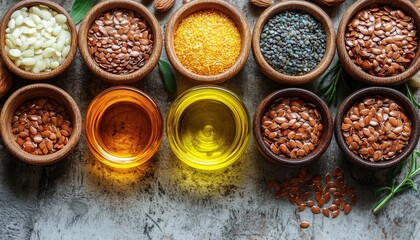 Fototapeta premium Various seeds and oils are arranged in wooden bowls on stone surface. Great for illustrating healthy eating, veganism, or dietary supplements.