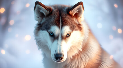 Obraz premium A dynamic Serbian husky in motion, creative light art, artistic lighting forming abstract patterns with blurred lines and action poses black and white background Generate AI,