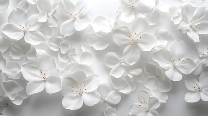 Delicate white blossom arrangement horizontal pure white background floral composition aesthetic close-up