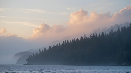 Softly glowing sky with misty forest background, kandalaksha sea, kola peninsula