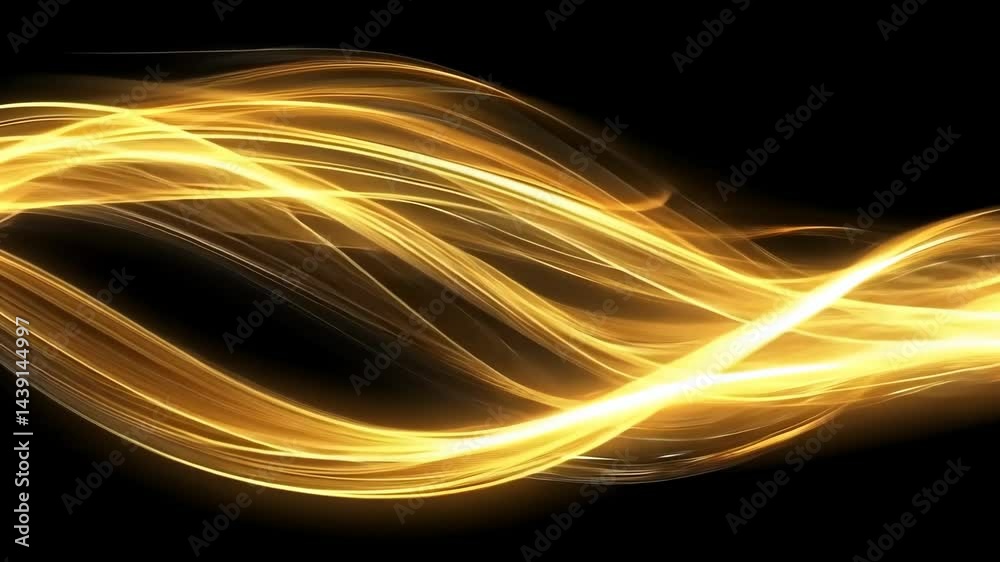 Poster flowing golden light trails creating mesmerizing wave patterns on black background