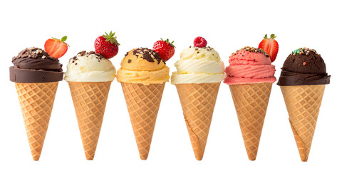 variety of ice cream cones in a row isolated on a white background png