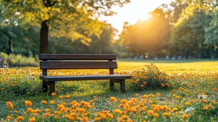 Fototapeta premium Peaceful park bench bathed in golden sunlight