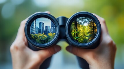 Fototapeta na wymiar Close-up of hands holding binoculars with two different images visible through the lenses, one showing an urban cityscape and another a forest landscape, 