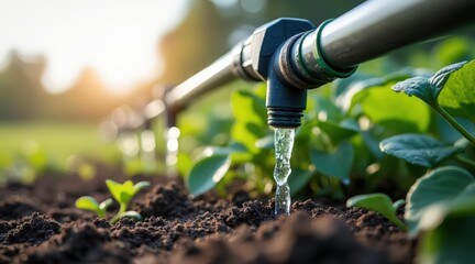 A close-up view of a watering system supplying water to young plants in rich soil, illustrating efficient irrigation in a vibrant field.