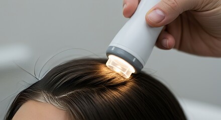 Female Scalp Analysis with Handheld Device in Minimalist Medical Setting Under Soft Diffused Lighting in Macro Shot