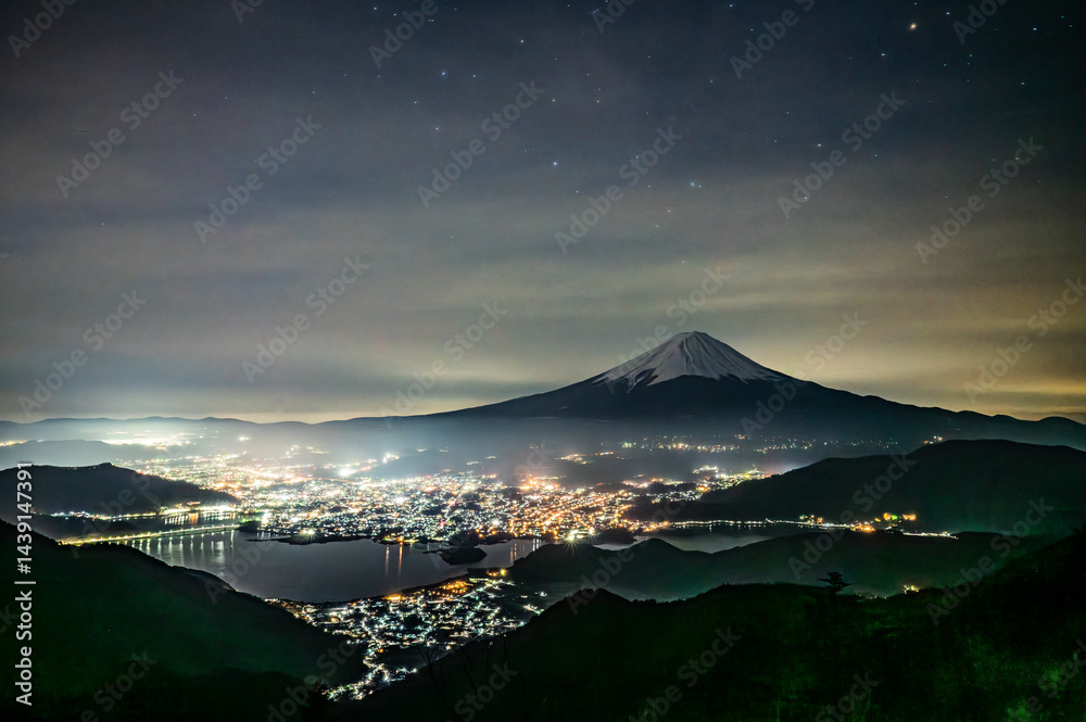 Poster 山梨県新道峠からの富士山と河口湖と夜景