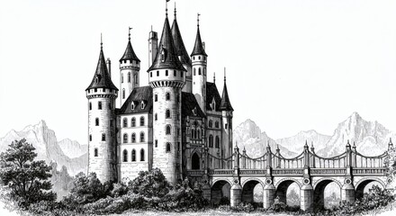 Castle sketch isolated on white background, Vintage line art illustration, scratchboard style, black and white, detailed hatching and shading