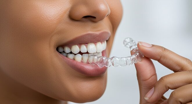 Closeup Shot of a Woman Inserting Clear Dental Retainer Against Blurred White Background With Glowing Skin