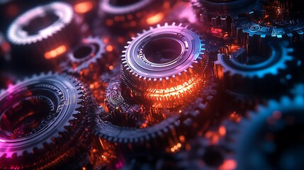 Colorful gears interlocking in an intricate and vibrant display of mechanical engineering, symbolizing the complexity behind various machinery. 