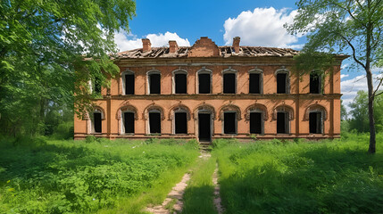 Fototapeta premium Old ruined abandoned brick manor of a Russian landowner