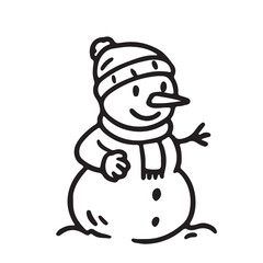 Hand Drawn Black and White Icons of Kids Playing in the Snow and Winter Sports, Snowman