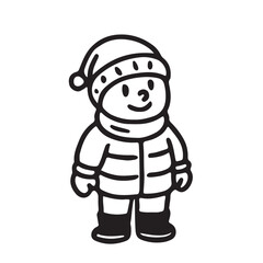 Hand Drawn Black and White Icons of Kids Playing in the Snow and Winter Sports, Snowman