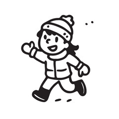 Hand Drawn Black and White Icons of Kids Playing in the Snow and Winter Sports
