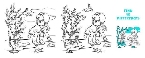 Find differences children game. Signs of spring black and white educational activity. Little girl launching paper boat into water. Cute puzzle for kids. Printable outline worksheet or coloring page
