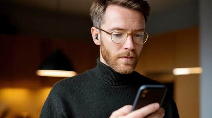 A man with glasses and a beard, wearing earbuds and a dark sweater, looks intently at his smartphone indoors.