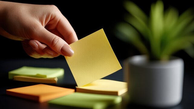 A hand picks up a yellow sticky note from a stack on a desk, with a small potted plant nearby.