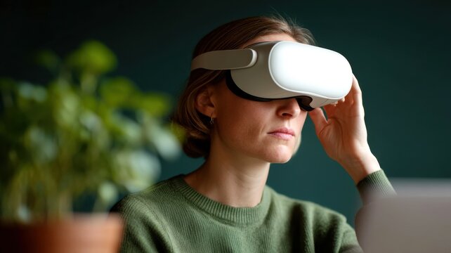 A woman wearing a virtual reality headset explores immersive digital experiences indoors.