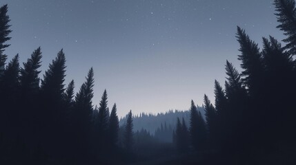 A breathtaking view of a dense mountain forest under a clear, star-filled sky, with the silhouettes of trees stretching up toward the heavens, and the stars twinkling above in perfect clarity.
