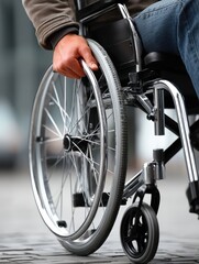 Obraz premium Close-up of hands on wheelchair wheels, conveying determination - self-reliance progress fitness moving