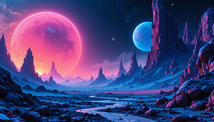 Alien landscape with planet and mountains