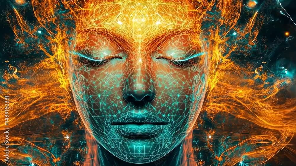 Poster futuristic digital transformation: neural network connection and data flow visualization