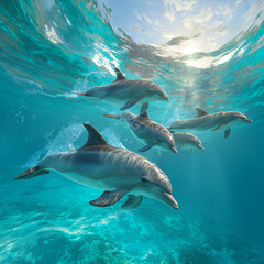 Fototapeta premium Three dolphins swimming underwater in turquoise ocean