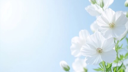 White Cosmos Flowers Soft Light, Bright airy style, High-resolution, sharp focus, Close-up view, Delicate petals, Peaceful bloom, Sunny sky backdrop, Pure white palette, Ideal for wedding invitations
