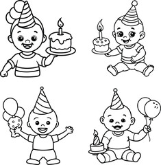 Outlined birthday baby characters collection with cakes and balloons illustration