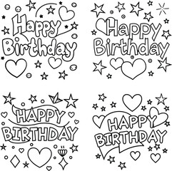 Happy birthday greeting designs with stars and hearts coloring page