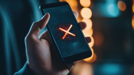 Person viewing error message on phone at night
