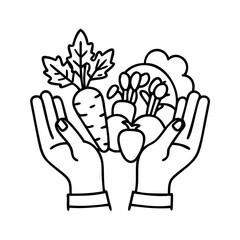 farmers hands with veggies icon, farmers hands with veggies line art - simple line art of farmers hands with veggies, perfect for farmers hands with veggies logos and icons