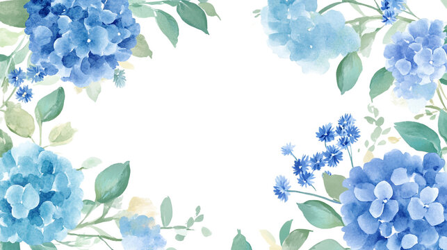 Fototapeta Acrylic border design with delicate blue hydrangeas, A seamless pattern of delicate watercolor blue delphiniums, Blue flowers and green leaves on a white background Botanical arrangement.