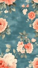Tile of old-fashioned floral wallpaper with intricate botanical details and retro styling, perfect for classic-themed projects and vintage decor.