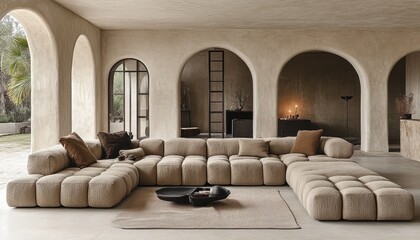 Beige sectional sofa with pillows, rug in a room with arched doorways and decor. Ideal for illustrating interior design and relaxed, comfortable living spaces.