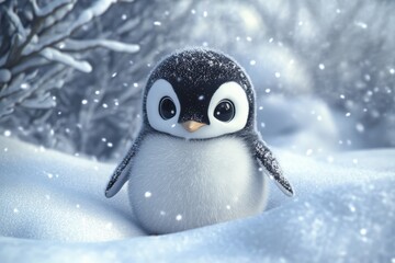 Cute Winter. Baby Penguin in a Frosty Snowstorm - 3D Illustration
