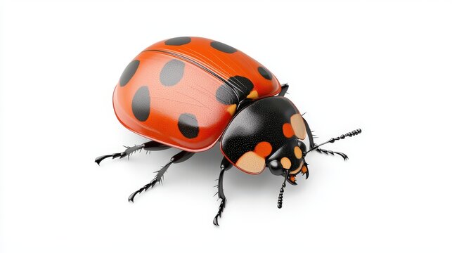 A detailed 3D render of a ladybug beetle showcases its vibrant red adorned with black spots against a clean white background ideal for nature designs.