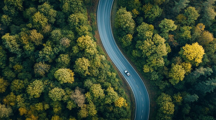 Winding road cuts through dense forest, showcasing a journey into nature's embrace