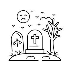 graveyard scene icon, graveyard scene line art - simple line art of graveyard scene, perfect for graveyard scene logos and icons